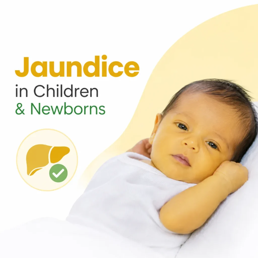 newborn jaundice, causes in older children, tests and treatment explained.